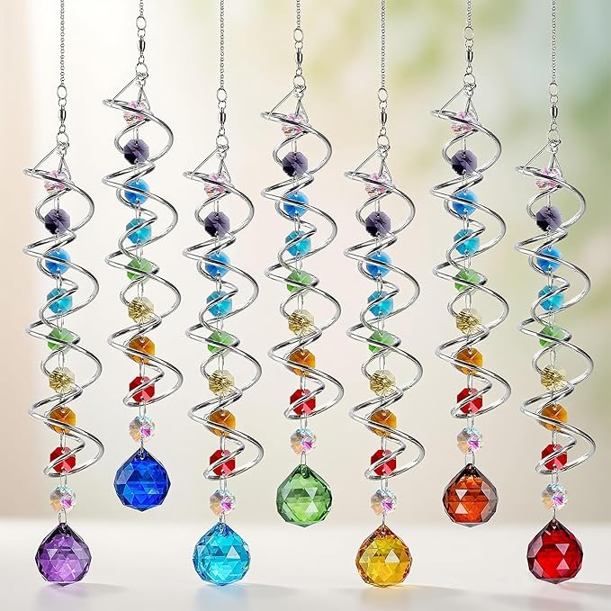 7 Chakra Crystal Sun Catcher Hanging Crystal Prisms Ornaments with 20mm Rainbow Beads for Window Garden Indoor Home Decor