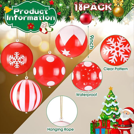 Leyndo 18 Pcs 9 Inch Inflatable Christmas Balls PVC Outdoor Christmas Decorations Xmas Hanging Ball Ornaments for Indoor Outdoor Yard Tree Home Patio Party Festive