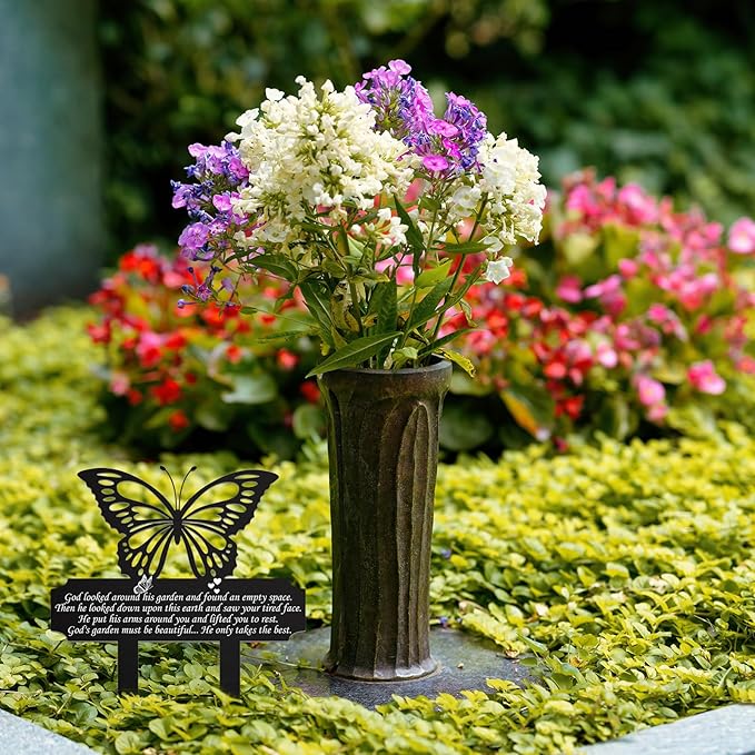 Buryeah Grave Decoration for Cemetery Butterfly Memorial Stake Headstone for Grave Memorial Garden Decor Waterproof Double Sided Print Metal Cemetery Marker, 13.19 x 11.81 Inches(Classic Style)