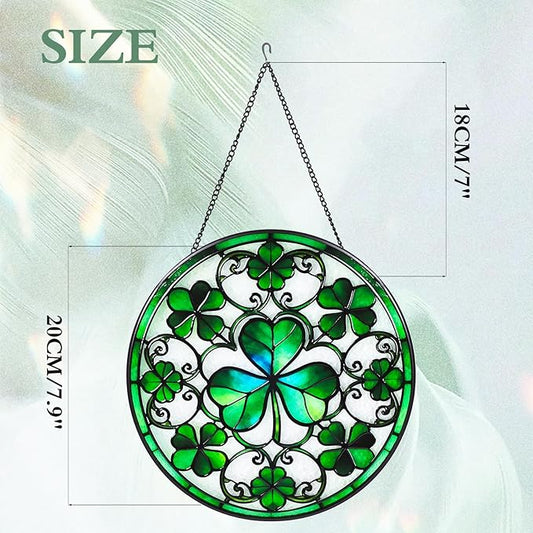Ireland Green Lucky Clover Stained Glass Window Hanging Suncatcher with Chain - 7.9" Irish Shamrock Outdoor/Indoor Art Decor for Home Garden, St. Patrick's Day, Mother's,Ornaments Present