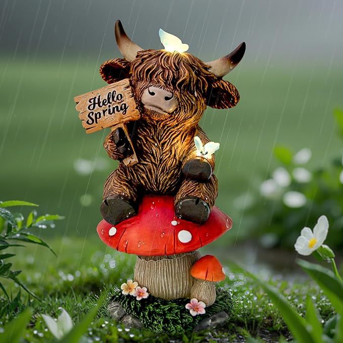 Smadeer Highland Cow Garden Statue with Solar Butterfly Lights, Spring Outdoor Highland Cow on Mushroom Butterfly Decoration for Yard, Patio, Lawn, Cows Figurine Housewarming Gift for Women, Mom