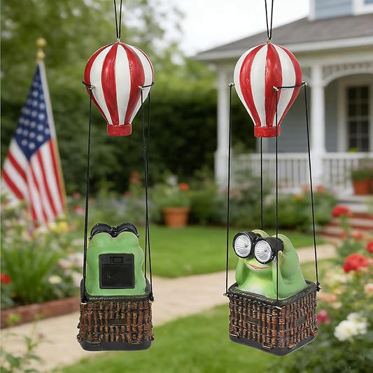 Solar Hot Air Balloon Frog Hanging Garden Statue with Lantern, Cute and Funny Figurine Solar Light Garden Outdoor Waterproof Decoration, Beautifully Crafted Birthday Gifts for Mom or Dad