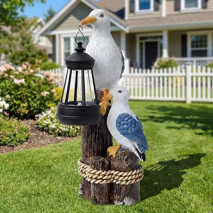 Seagull Solar Garden Outdoor Decor Statues with LED Lantern, Hand Painted Resin Animal Figurine Lights for Patio Lawn Yard Pathway, Unique Coastal Gifts for Women Mom Grandma