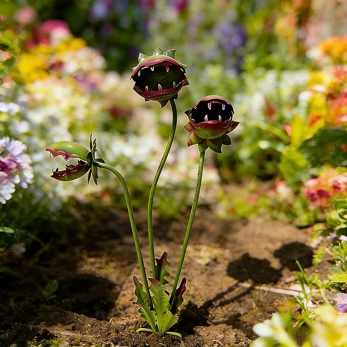 Metal Carnivorous Plant Garden Stake - Handmade Iron Venus Flytrap Yard Art, Whimsical Flower Outdoor Sculpture for Garden, Patio, Lawn, Seasonal Yard Decor