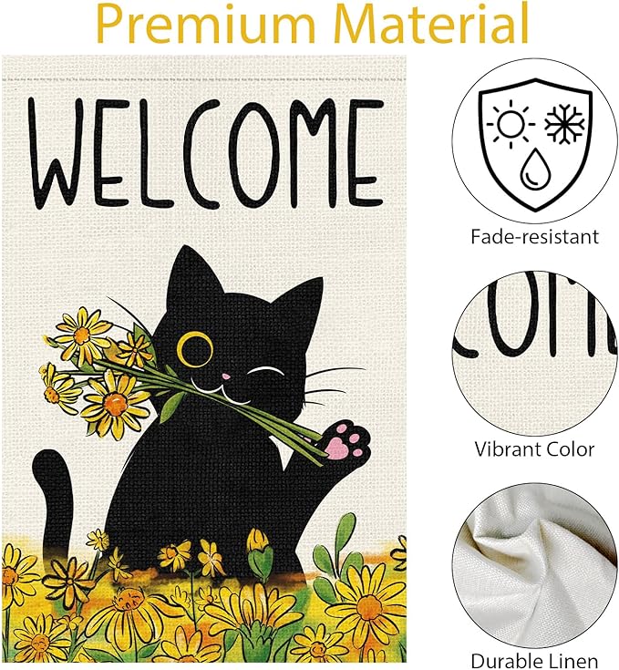 Summer Garden Flag Welcome Black Cat Sunflower Double Sided Burlap 12x18 inches For Porch Lawn Yard Outdoor and Home Decor
