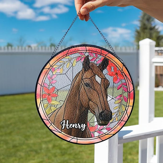 NAZENTI Personalized Horse Stained Glass Suncatcher with Photo, Custom Name Horse Ornament Window Hanging, Home Decor Gifts for Pet Day, Christmas, Memori, Sympathy Gift for Loss of Horse
