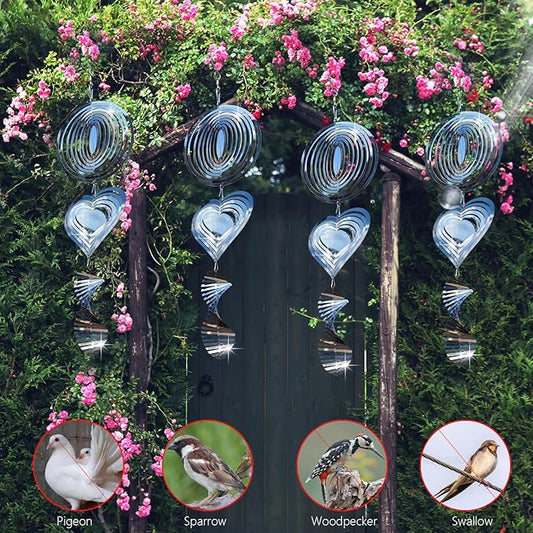 12Pcs Bird Scare Discs, 4 Set Highly Reflective Hanging Wind Spinners Outdoor Metal Bird Reflectors for Outside Garden Decor Lightweight Bird Devices to Scare Birds Away from Yard Porch