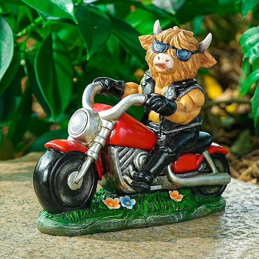 Joint Honglin Decorative Highland Cow on Motorcycle Statue with LED Headlight - Rustic Outdoor Garden Ornament, Biker Cow Figurine for Yard, Patio, or Home Decor Gifts
