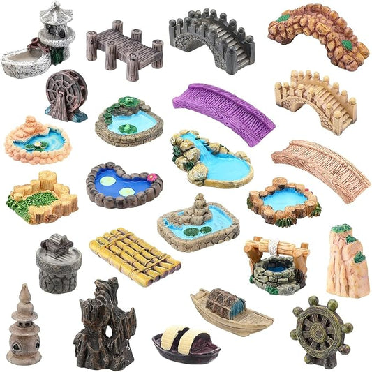Grey Stone Arch Bridge Miniature Fairy Garden Accessories - Miniature Pond Lawn Garden Ornament Figurines, Mini Lighthouse Water Well Bridge Figurines, Micro Landscape Ornaments for DIY Kit