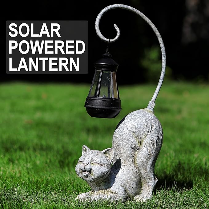 Laughing Cat Figurine with Solar-Powered LED Light, 15.7 Inches Tall Marble, Perfect for Gift Garden Decor or Housewarming for Cat Lovers.