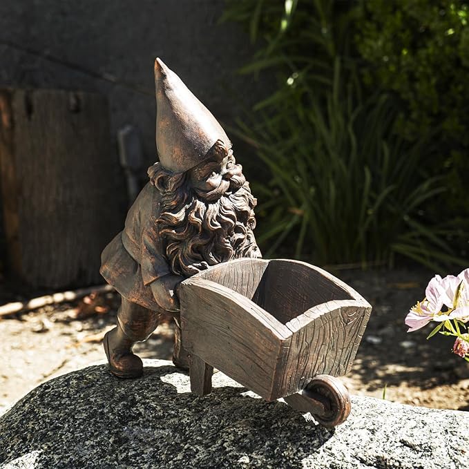 Pacific Giftware Happy Garden Gnome Bronze Finish Resin Figurine (Wheelbarrow Man)