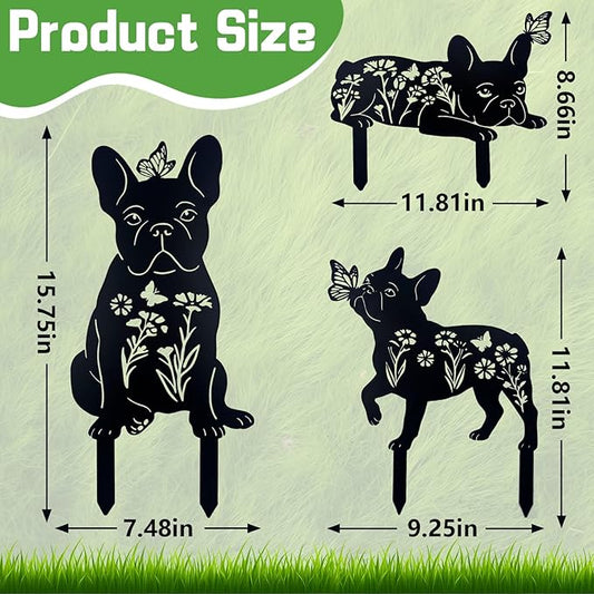 French Bulldog Decorative Garden Stakes Gifts Lager Size, 3PCS Metal Dog Play with Butterflies Garden Statues Decor for Outside for Yard, Patio, Lawn Decorations, Outdoor Decor Yard Art