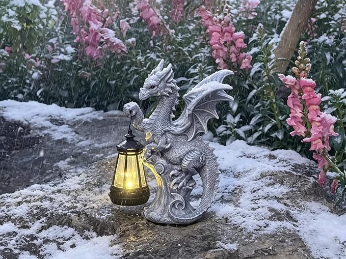 JORAE Dragon Statue with Solar Lantern Outdoor Figurine Gothic Garden Decor for Patio Balcony Lawn Yard Sculpture Resin, 9.5" H