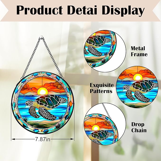 Sea Turtle Stained Glass Window Hanging Suncatchers, Coastal Ocean Sun Catchers Indoor Window Glass Wall Art Decor, Ocean Beach Wall Hanging Decorations Sculptures, Sea Turtle Gift, 7.9x7.9in