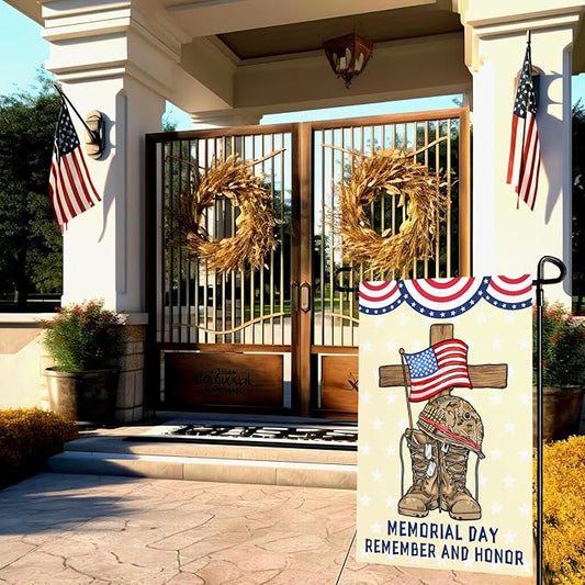 Memorial Day Garden Flag Veteran Burlap Double-sided Yard Flag Patriotic Boots Remember And Honor Brave Garden Flags Independence Day American House Banner Outdoor Decorations 12x18 Inch