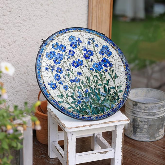 LITIVY Forget-Me-Not Flower Stained Glass Suncatcher, 6 Inch Handmade Blue Floral Window Hanging Decor for Garden, Sun Catcher Home Decor