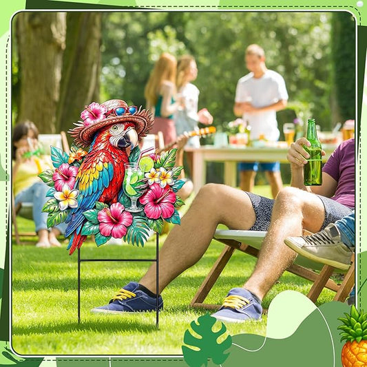 Amyhill Summer Outdoor Decor Tropical Parrot Metal Garden Stakes 25 Inch Jungle Leaves Floral Welcome Yard Signs Decorations Decorative Garden Stakes for Patio Lawn Walkway Backyard Porch Decorations