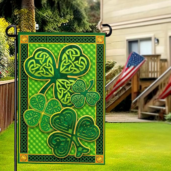 St Patricks Day Garden Flags Spring Green Shamrock Lucky Clover Holiday Yard Flag Porch Lawn Decorations 12x18 Double Sided Buffalo Plaid Saint for Farmhouse Holiday Happy St Patricks Day Outside