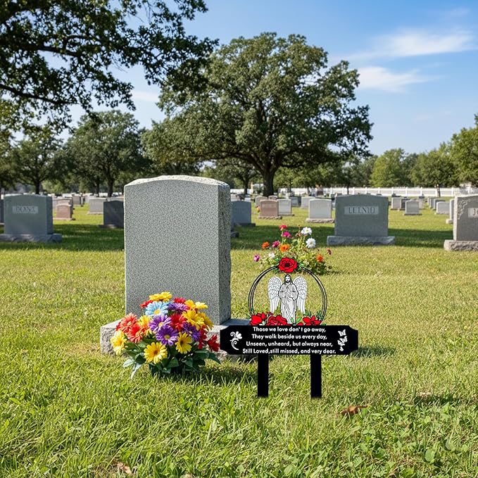 Memorial Grave Stake with Jesus and Roses - Metal Sympathy Grave Marker, Waterproof Outdoor Cemetery Garden Decoration(Jesus)