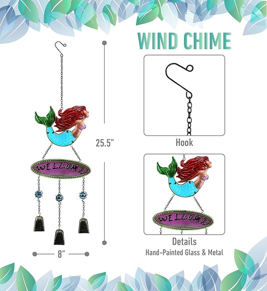 CoTa Global Mermaid Wind Chime - Handmade Glass and Metal Chime - Ocean Life Hanging Decor - Colorful Home Decor Gift, Indoor and Outdoor Hanging Decoration for Porch, Patio, and Garden - 25.5 Inches