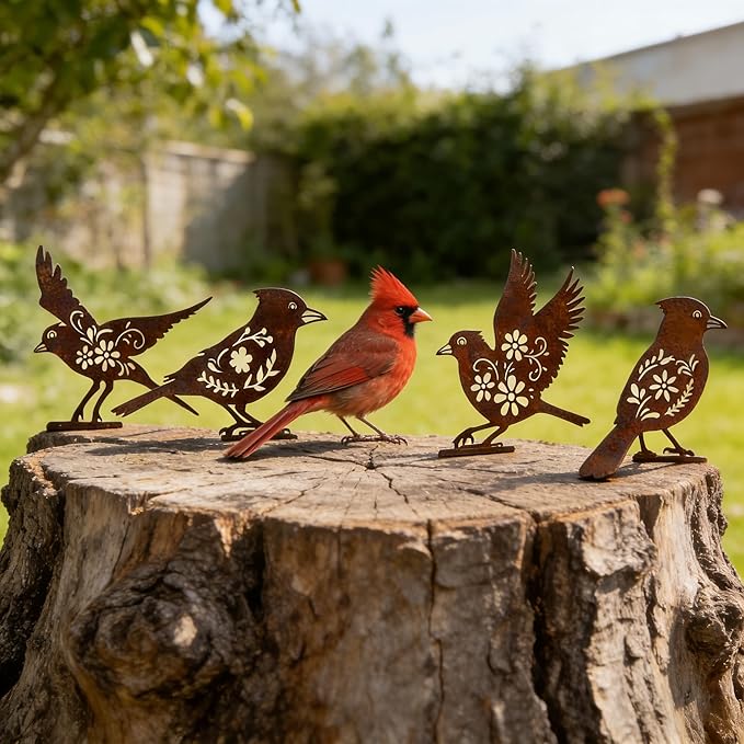 We Moment 5PCS Rusty Metal Birds Decoration, Garden Decor Spring Decorations Outdoor, Cardinal Gifts, Metal Birds Yard Decor, Bird Silhouette Statues