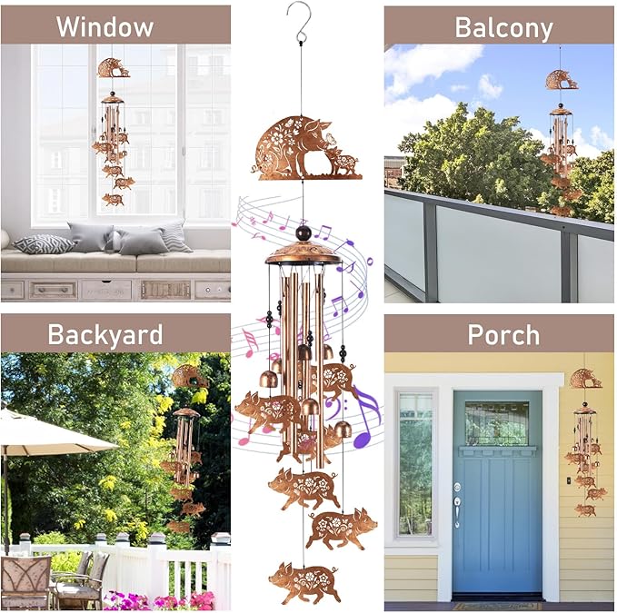 Wind Chimes for Outside, Pig Gifts for Women Men, Memorial Wind Chimes with 4 Aluminum Tubes, Farmhouse Decor for Garden Patio Porch, Includes Card & Box