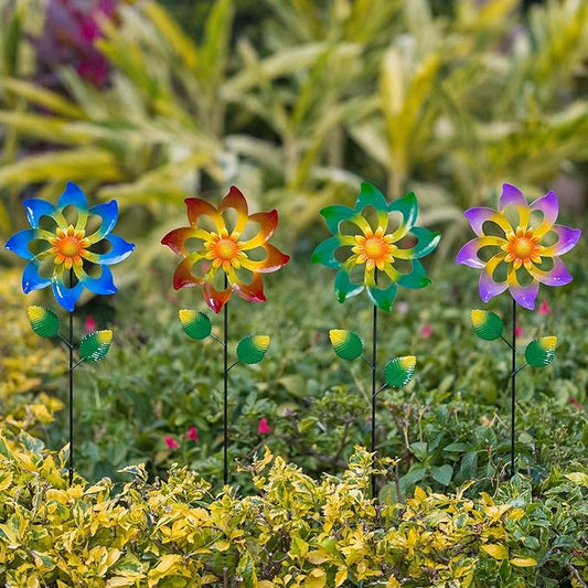 4 Pack Wind Spinners Outdoor, Colorful Metal Flower Windmill, Small Pinwheels Decorative Garden Stakes for Yard Patio Lawn Garden Decor, 27 x 7 Inches