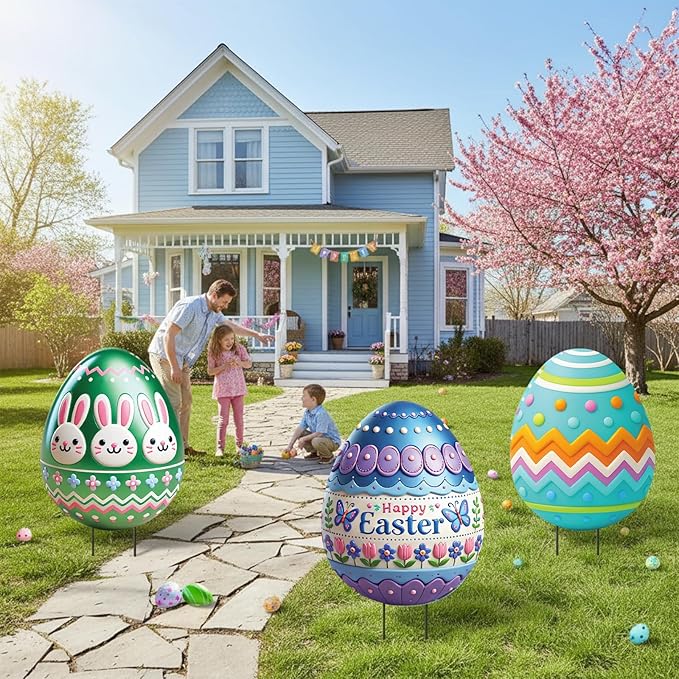 DoubleFill 3 Pcs Easter Decorations Outdoor 3D Metal Easter Eggs Yard Signs Decorative Garden Stakes Eggs Bunny Lawn Decorations Yard Decor for Spring Ornament Lawn Pathway Garden(Classic Style)