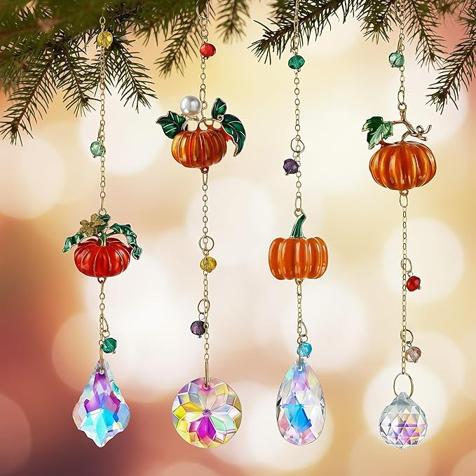 HDCRYSTALGIFTS Set 4 Fall Pumpkin Suncatchers Crystals Sun Catchers Indoor Window Hanging Thanksgiving Christmas Tree Decorations for Farmhouse Harvest Autumn Xmas Home Party Decor