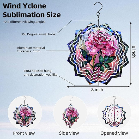 8 Inch Sublimation Wind Spinner, 3D Aluminum Metal Wind Spinner with Hook, Indoor Yard Garden Hanging Decoration, Weather Resistant Rotating Spiral Ornament, Stained Glass Rose