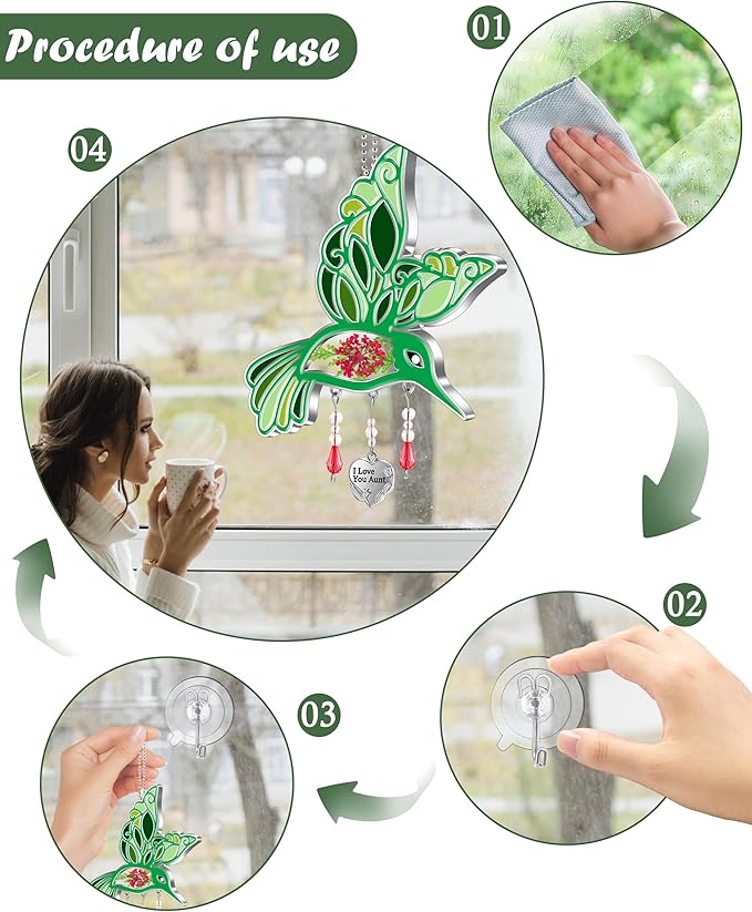 KY&BOSAM Hummingbird Suncatcher I Love You Aunt Stained Glass for Windows Hanging Ornament Home Garden Decor Wind Chime Metal Real Flower Birthday Gifts for Women Mothers Day Valentines Christmas