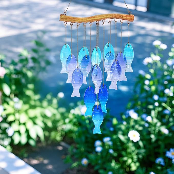 Glass Fish Wind Chimes for Outdoor Patio & Front Yard Decor, Small Unique Suncatcher Windchimes, Handcrafted Gifts for Women, Durable Outside Garden Christmas Decoration Gift