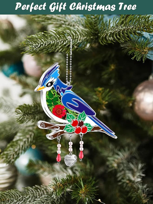 KY&BOSAM Blue Bird Suncatcher I Love You Grandma Glass Sun Catchers for Window Hanging Wind Chime Ornament with Real Flower and Metal Charm Birthday Gifts for Women Mother`s Day Valentine’s Christmas