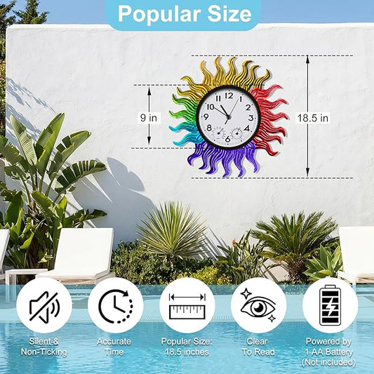 Garden Outdoor Clocks with Thermometer and Hygrometer Combo, Silent No-Ticking Outdoor Wall Rainbow Clocks, Waterproof Outdoor Clocks Vintage Copper Sun, 18.5 Inch