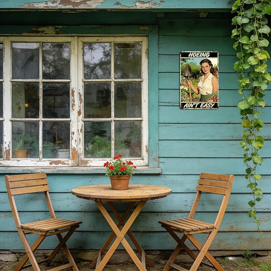 Garden Signs for Outside - Hoeing Ain't Easy, Funny Metal Signs for Home Garden Patio Yard, Vintage Gardening Gifts for Women, Wall Decor 12" x 8"