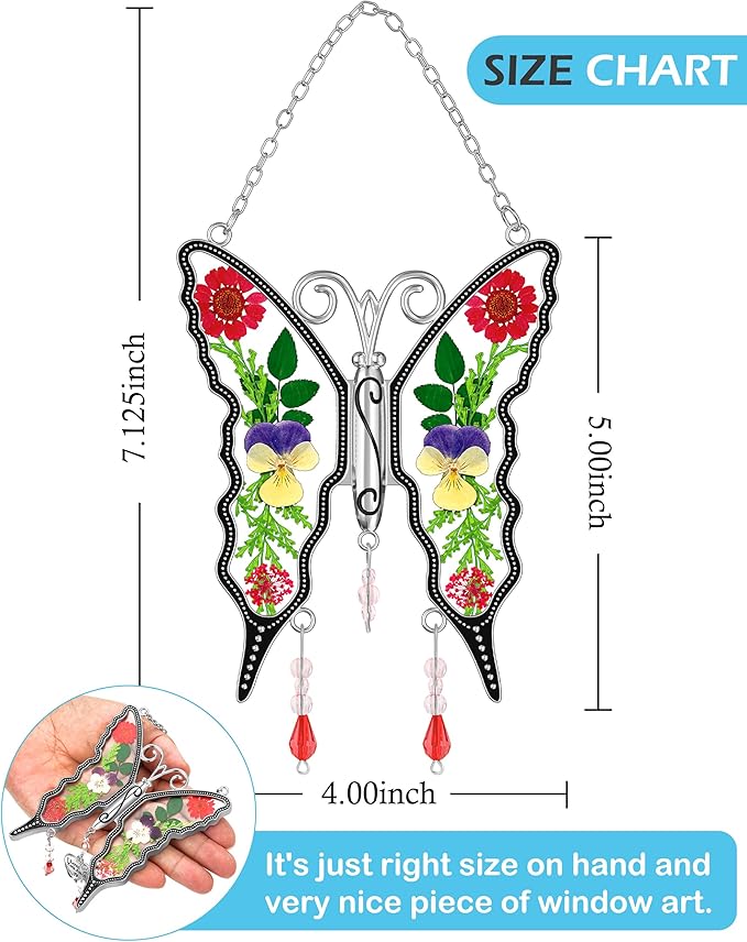 KY&BOSAM Butterfly Suncatcher Staiend Glass for Windows Hangings Wind Chimes Ornament with Pressed Dried Flowers Between Wings and No Charm Gift for Mom Mothers Day Valentine's Birthday Thanksgiving