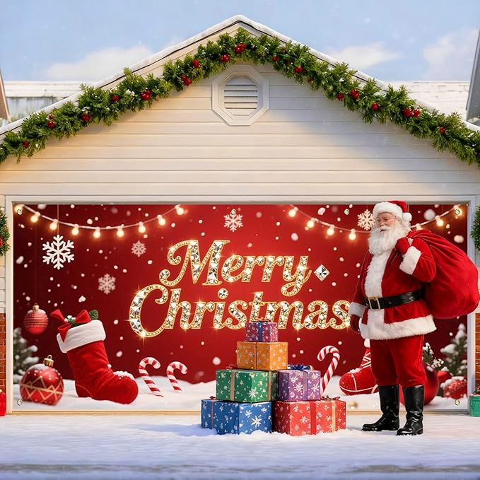 IVN Christmas Garage Door Cover Decoration 13x6ft Red Stockings Candy Canes Snowflakes Ornaments Merry Christmas Winter Garage Door Banner Home Door Front Yard Decor for Xmas Eve Holiday Outdoor