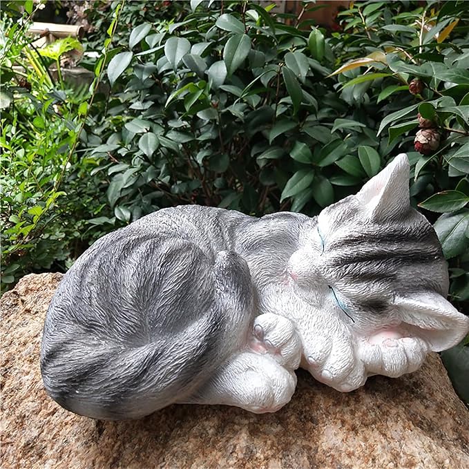 Realistic Cat Garden Outdoor Statue, Sleeping Kitten Figurines Sculpture Decoration for Patio, Yard, Porch Lawn Ornament, Office Home Art Décor Cat Memorial Stone (Grey)
