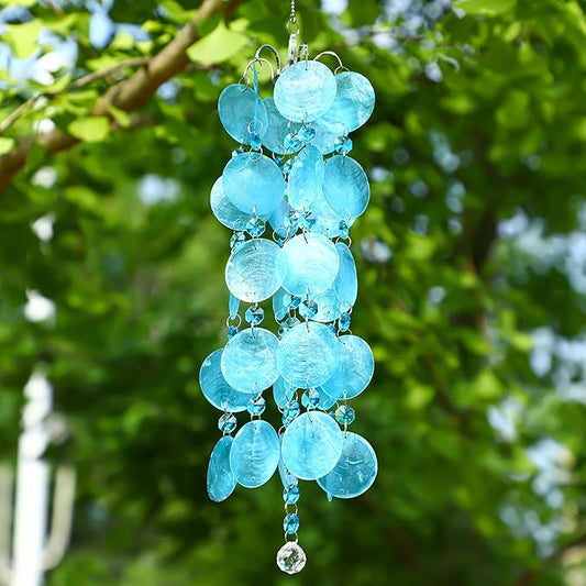 23.6 inch Capiz Shell Wind Chime Outdoor Indoor Hanging, Blue Shell Wind Chimes for Outside, Crystal Wind Chime Pendant, Handemade Gift for Housewarming
