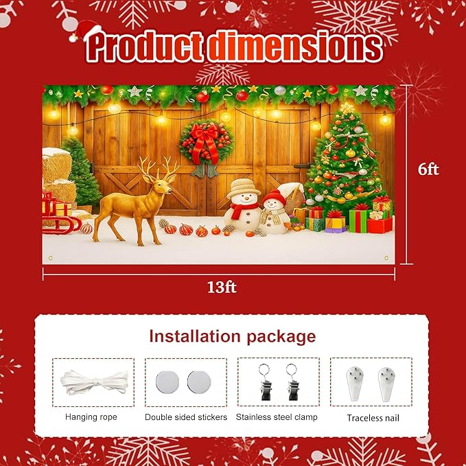 HOMETITUTE Christmas Garage Entryway Banner 13x6ft Rustic Wooden Entryway Scene with Reindeer Snowman Xmas Tree Gift Boxes Pinecones PumpkinsLights Outdoor Holiday Display Backdrop