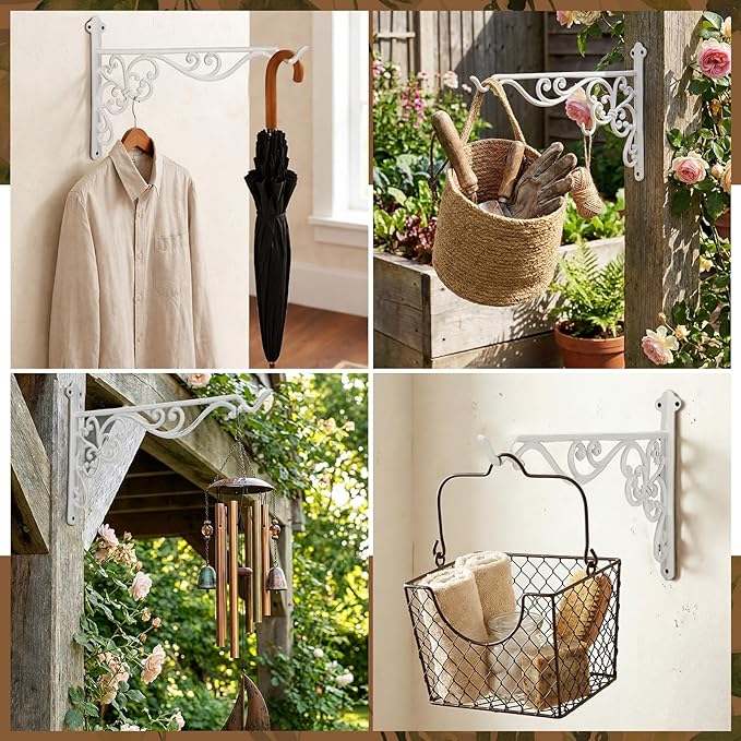 Landhoow 2 Pcs 15.6" Large Cast Iron Hanging Outdoor Wall Hanger White Heavy Duty Basket Hook Braces Vintage Decorative Shelf Garden Planter Flower Hook for Pot Lantern Wind Chime Hummingbird Feeder