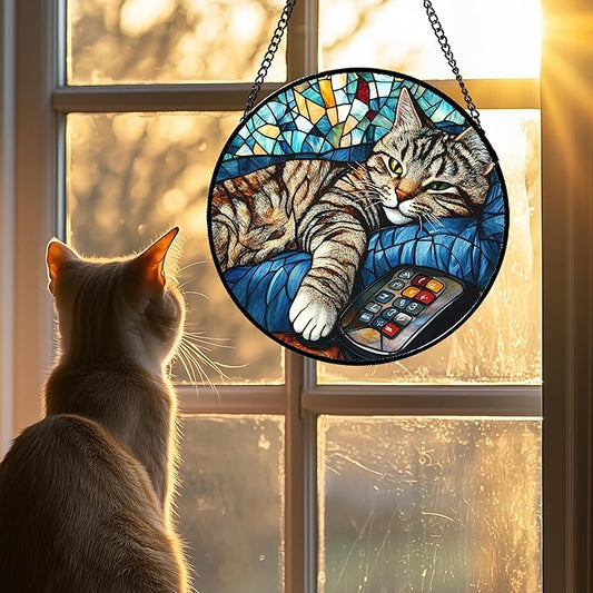 DASTOLL Stained Glass Window Hanging Gray Cat and Remote Control 6.3" - Suncatcher Door Garden Kitchen Sun Catcher Home Decor Birthday for Lost Pets Mom Men Woman Friend Grandma