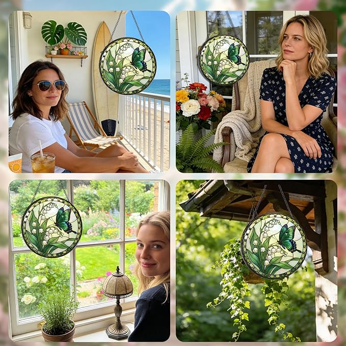 Rngmsi Stained Glass Window Hanging, 7.8″ Lily of The Valley Butterfly Sun Catchers Indoor Window Decor, Decorative Suncatchers Hanging Ornaments Home Garden Art Gift for Housewarming