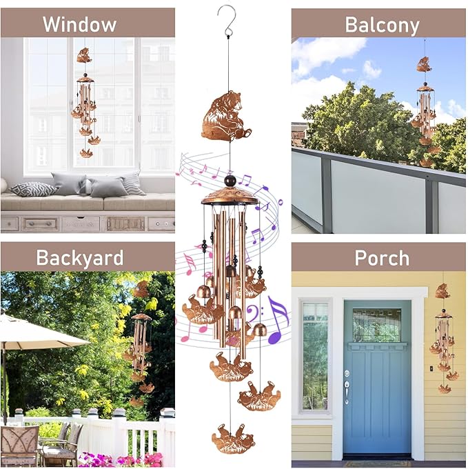 Bear Wind Chimes for Outside, Memorial Wind Chimes with Card & Gift Box, Antique Metal Bear Decor for Garden Patio Porch, Unique Sympathy Bear Gifts for Women Mom Grandma