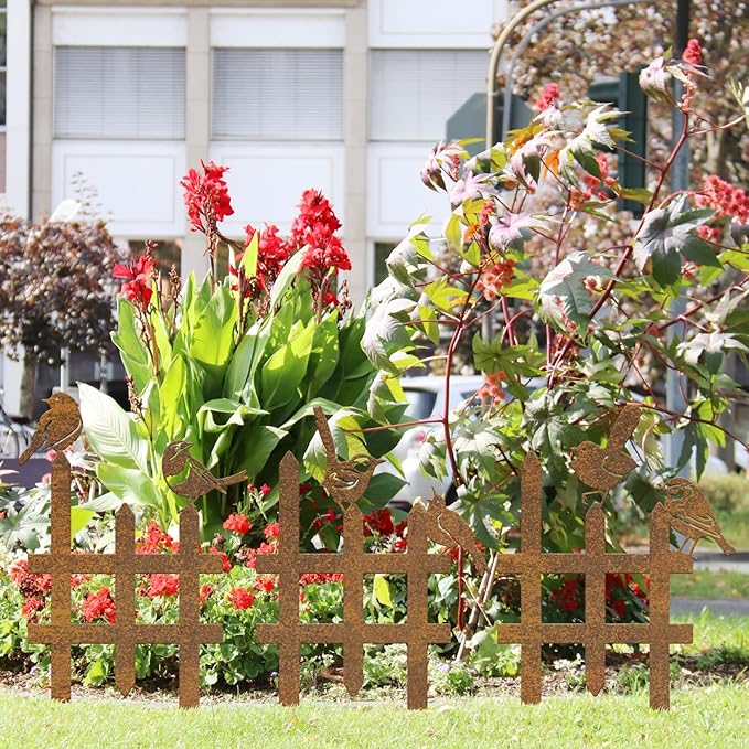 3 Pcs Small Garden Fence with 6 Pieces Birds Decoration, Metal Birds Yard Decor, Insert Lawn Picket Fence Garden Borders Decorative for Landscape Path Flowerbeds Plant Yard, Fence Decorations Outdoor