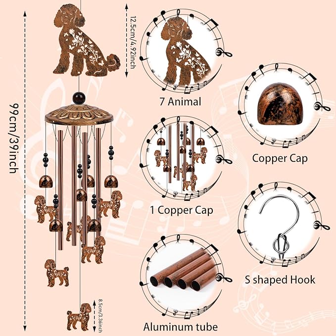 Poodle Wind Chimes for Outside - Dog Themed Wind Chimes Gifts for Women Men Cute Poodle Festival Metal Windchimes Outdoors Decor for Home Yard Patio Garden Birthday Memorial