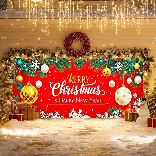 IVN Christmas Garage Door Cover Decoration 13x6ft Gold and White Baubles Red Snowflake Design Merry Christmas Winter Garage Door Banner Home Door Front Yard Decor for Xmas Eve Holiday Outdoor