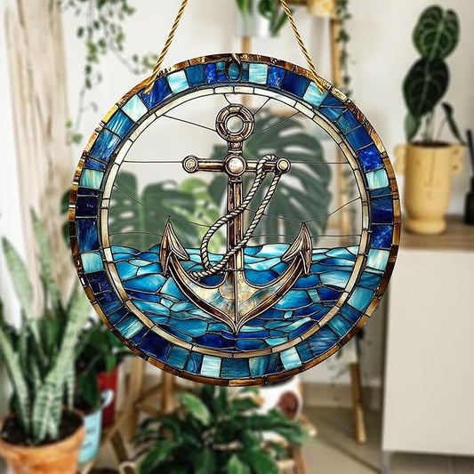 8x8 inch Charming Nautical Anchor Acrylic Stained Glass Window Hanging Sun Catcher Decor Stained Panel Hangings Wall Art Decor, for Friends and Family (Nautical)