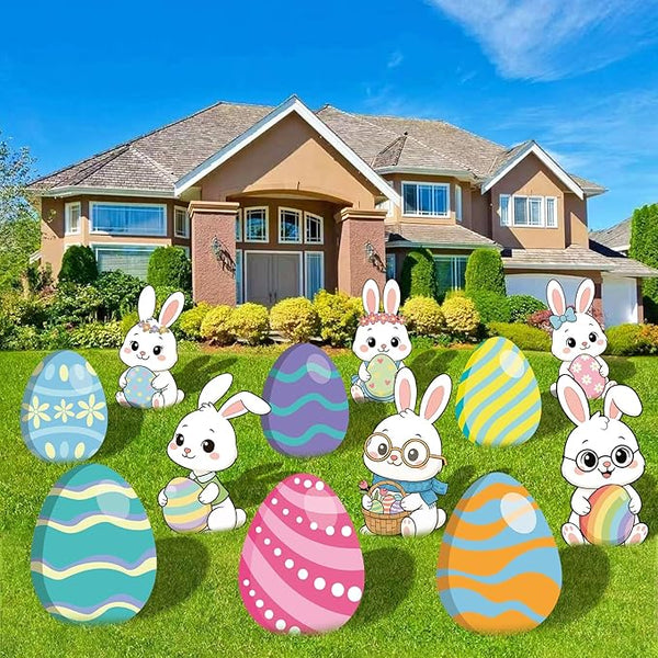 12-Piece Easter Bunny Yard Signs with Stakes Decorations – 6 Cute Rabbits & 6 Colorful Eggs 30 cm Large Outdoor Easter Lawn Signs for Garden, Driveway, Yard, and Spring Party Décor