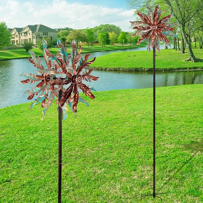 DREAMSOUL 360° Wind Spinners Outdoor, Metal Double Wind Spinner with Stable Stake Windmill for Yard Garden Decor (63 * 14 Inches)